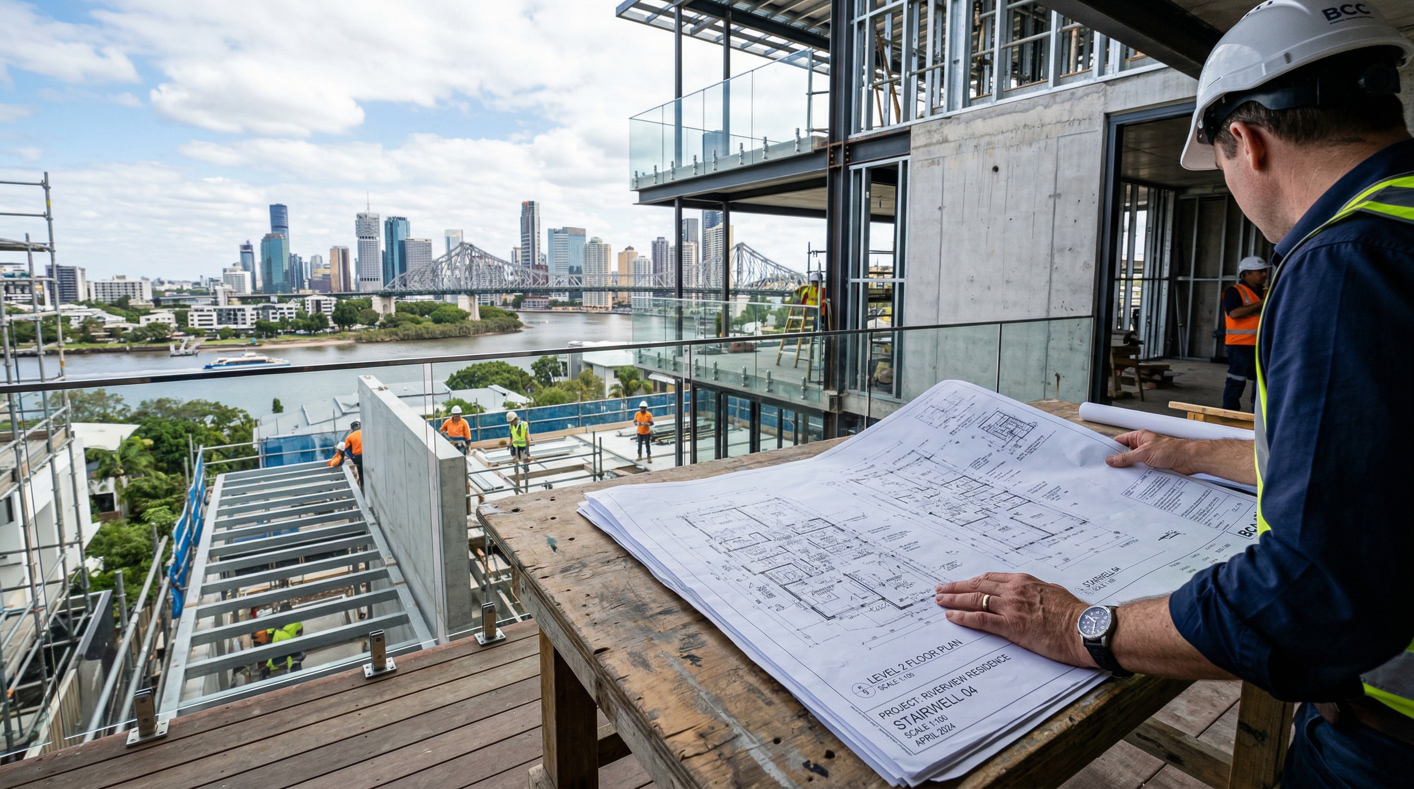 Architect reviewing renovation plans on Brisbane build site